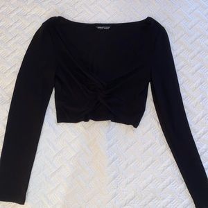 Black cropped long sleeve twist front shirt